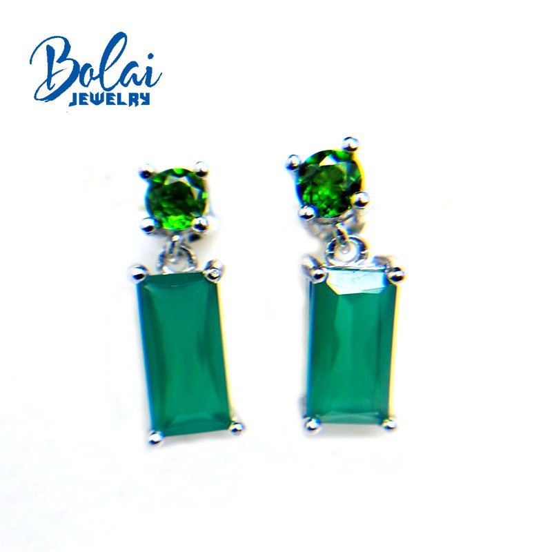 bolaijewelry,2020 new natural green gemstone agate and chrome diopside earring 925 sterling silver fine jewelry for women gift