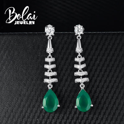 bolaijewelry,Long dangle gemstone earring natural green agate in 925 sterling silver fine jewelry for women lady daily wear gift