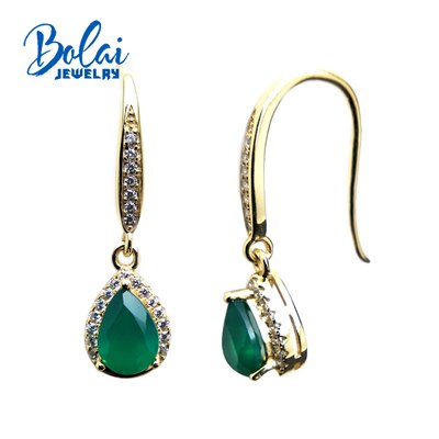 bolaijewelry,Water Drop earring natural green agate gemstone in 925 yellow color sterling silver women or girl wear best gift