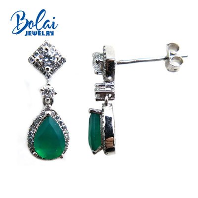 bolaijewelry,natural water drop green agate gemstone in 925 Silver Fashion sweet earring for women &girl birthyd party