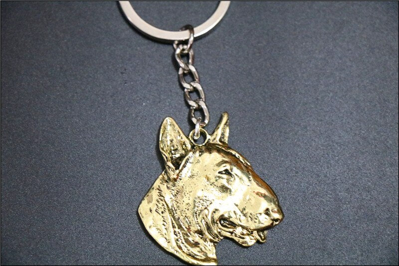 bull terrier dog keychain Handmade Embossed jewelry golden colors plated fast deliver