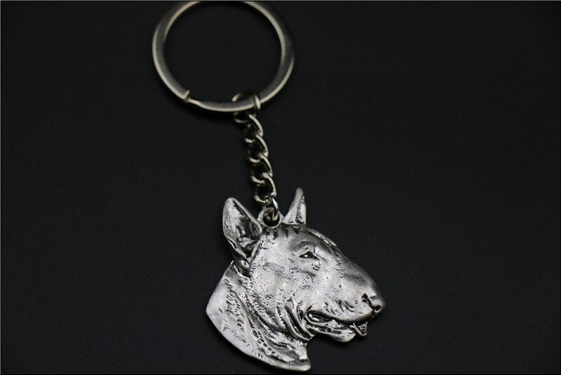 bull terrier dog keychain Handmade Embossed jewelry golden colors plated fast deliver