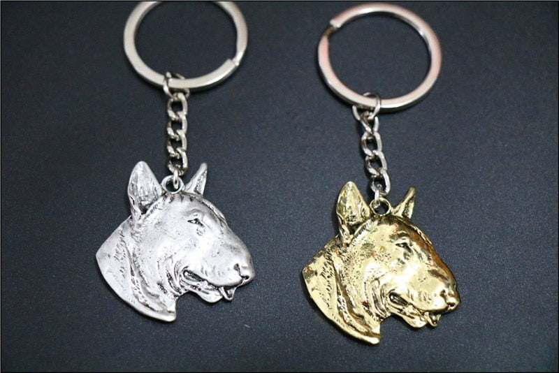 bull terrier dog keychain Handmade Embossed jewelry golden colors plated fast deliver