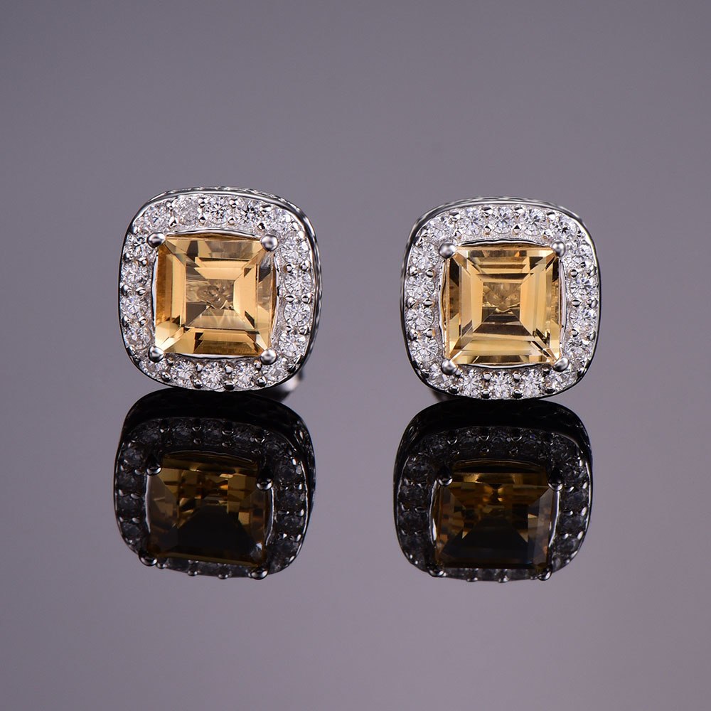 Gemstone Natural Citrine Stud Earrings Pure Solid Genuine 925 Sterling Silver Brand Women Fine Jewelry