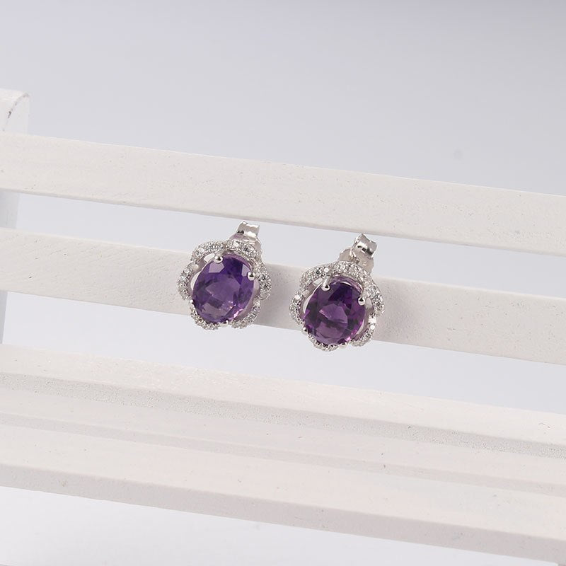 Real Natural Amethyst Gemstone 925 Silver Sterling Earrings For Women Vintage Costume Jewelry