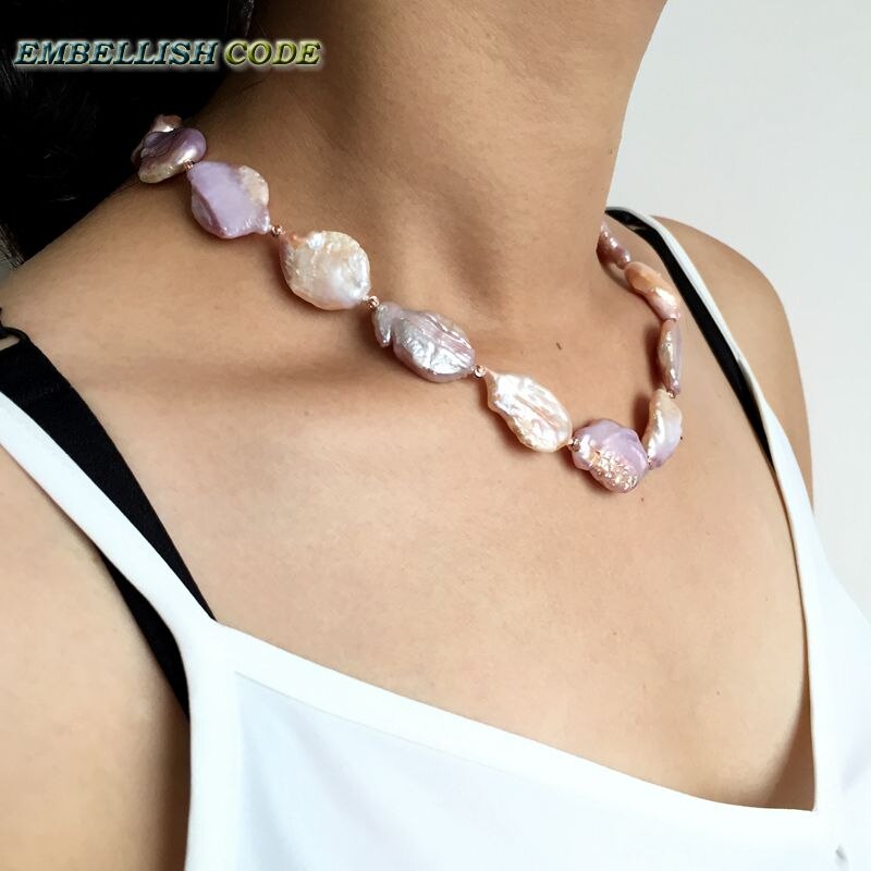 charm baroque pearls necklace peach purple Good gloss big size red golden beads for women flat oval shape natural cultured pearl
