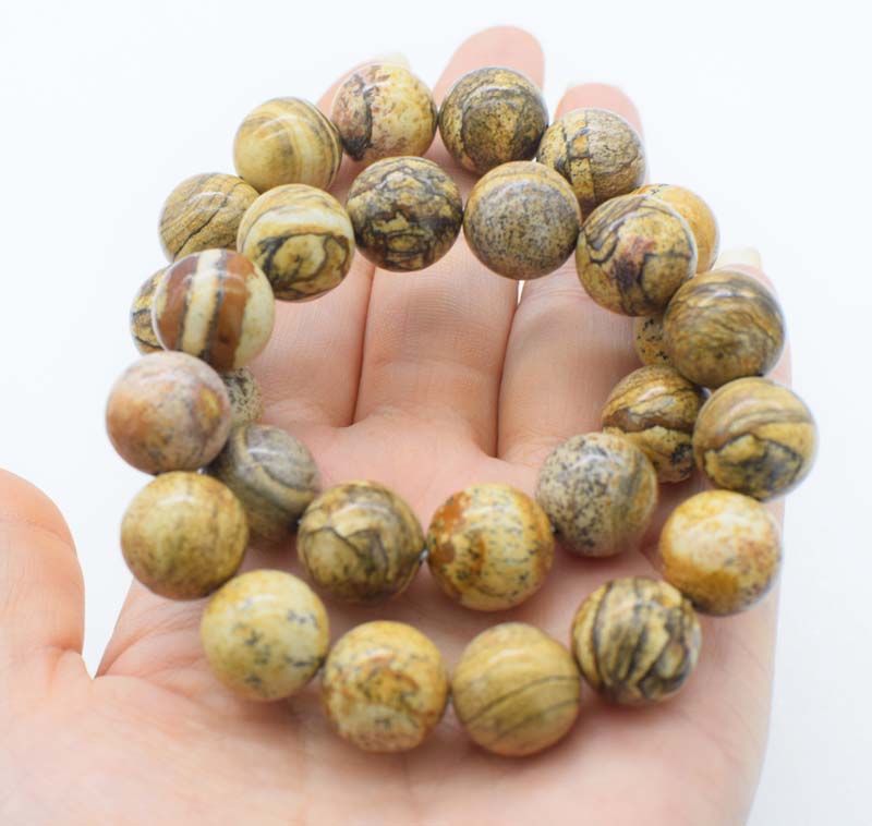 china picture stone round yellow 14mm bracelet 7.5inch   beads nature gemstone