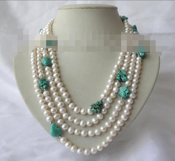 classic 4rows 7mm round white freshwater pearl blue turquoise necklace h933