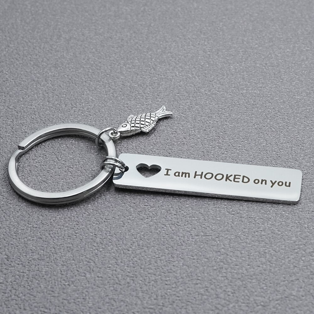 cute small fish pendant keychain hollow heart design stainless steel engraved words gift