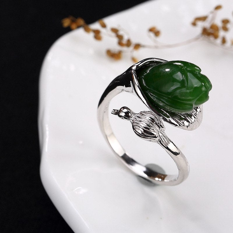 deer silver S925 pure silver antique mosaic and Tian Bi LAN orchid flower magpie lady open silver ring ring