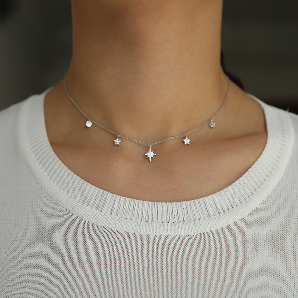 delicate 35+10cm real 925 sterling silver danity Star charm drip cz station pendant necklace choker layer girls simple necklace