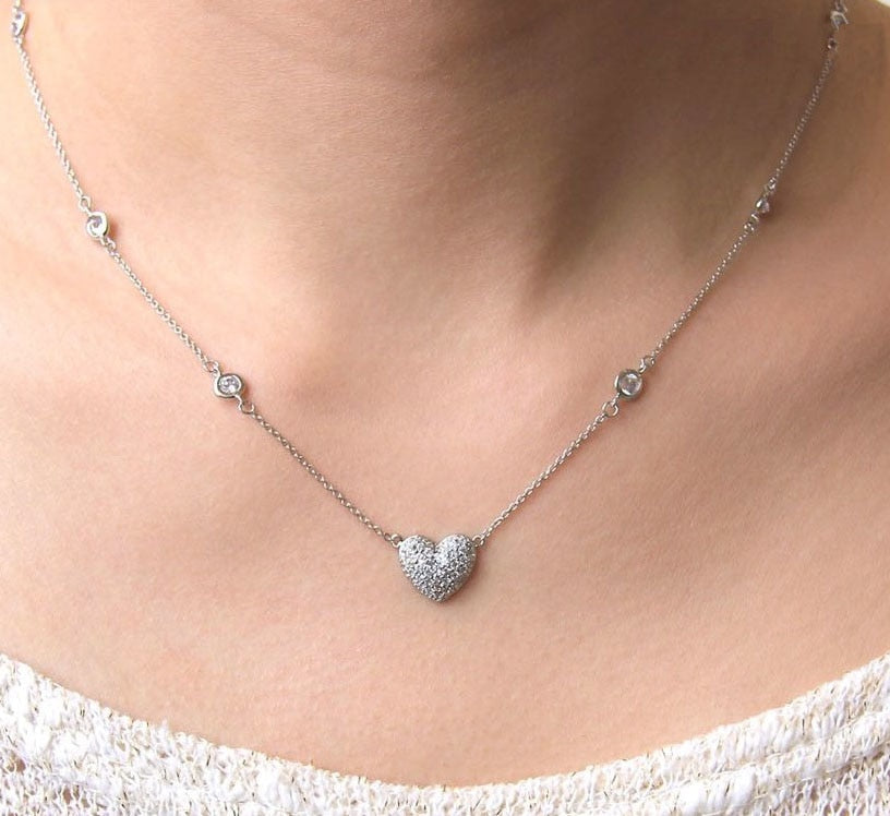 delicate 925 sterling silver heart station choker necklace with c bezel tiny link chain 38+5cm for lady girl wedding necklace