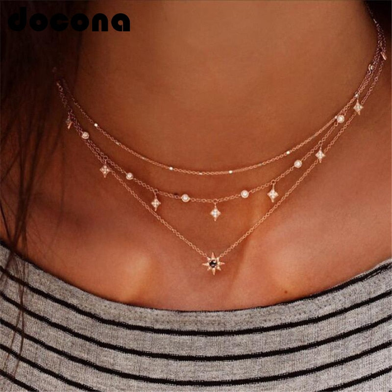 docona Bohemia Black Crystal Star Necklace for Women Multilayer Gold Chains Choker Necklaces Party Jewelry Collars 6568