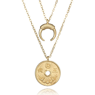 Boho Gold Color Coin Horn Pendant Necklace for Women Girl Long Charms Layered Necklaces Statement Jewelry 6033