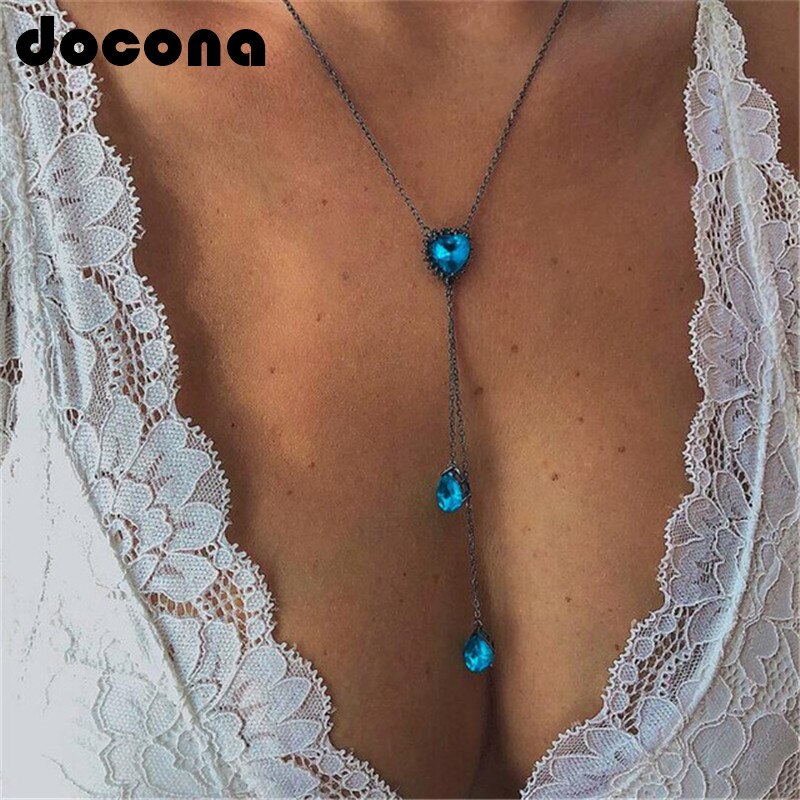 docona Boho Heart Water Drop Crystal Pendant Necklace for Women Girl Blue Rhinestone Long Charms Necklaces Jewelry Collars 2010