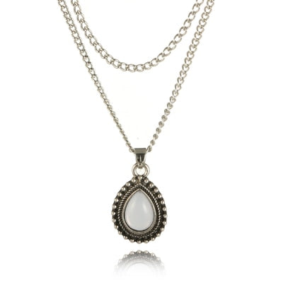 Retro Water Drop Stone Pendant Necklaces for Women Silver Bohemia Beach Chain Charms Necklaces Collar 4835