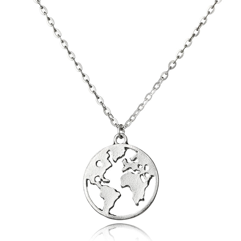 World Map Pendant Necklace for Women Silver Gold Metal Dainty Globe Earth Layered Necklace Globetrotter Collares 6179