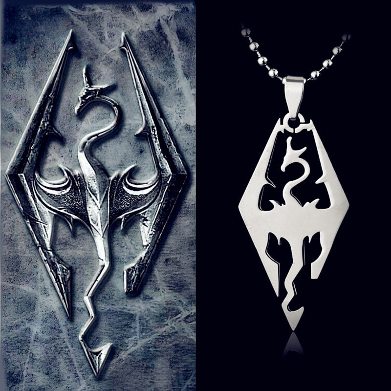 dongsheng Stainless Steel Dinosaur Pendant Necklace Skyrim Elder Scrolls Dragon Pendants Vintage Necklace for Men Women Jewelry