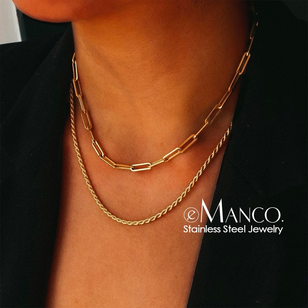 e-Manco Stainless Steel Twisted chain Necklace Multilayer 14K Gold  Paper Clip Chain Square Chain Necklace Women Jewelry Choker