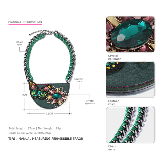 eManco Stylish Cute Butterfly Flower Geometric Choker Necklace for Women Green Leather Crystal Bib Necklace Fashion Jewelry