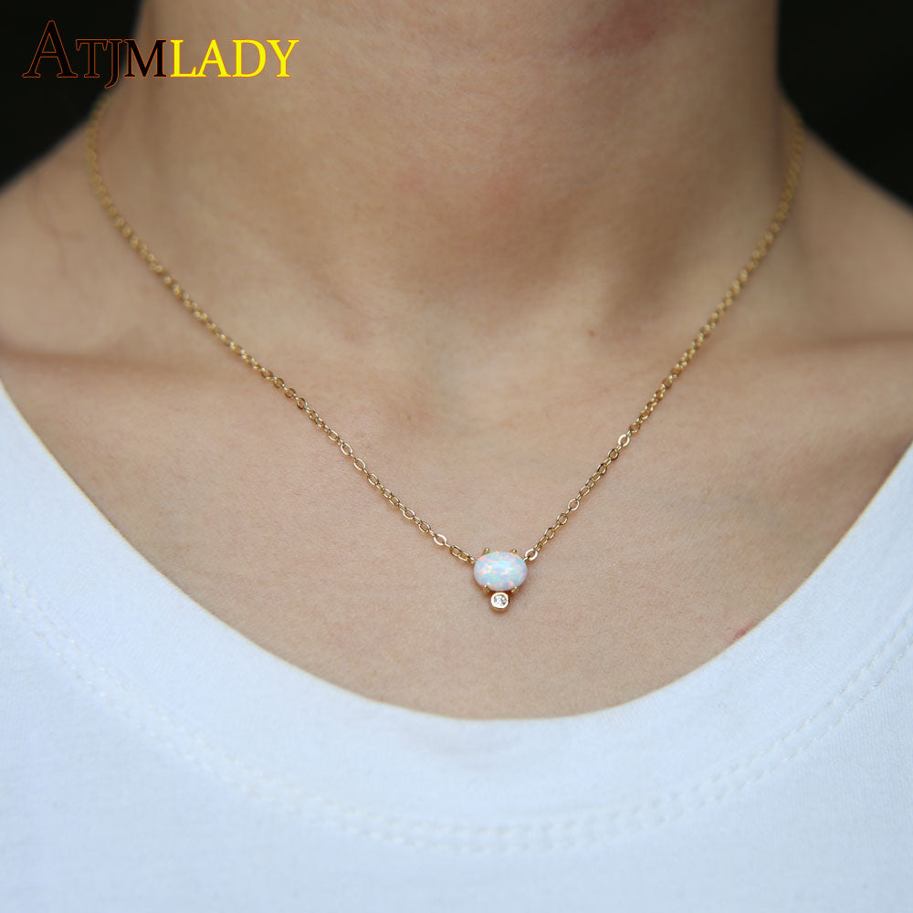 egg shape oval opal Pendant Necklaces For Women Fashion Lady Cubic Zirconia white fire opal cute charm delicate simple necklace