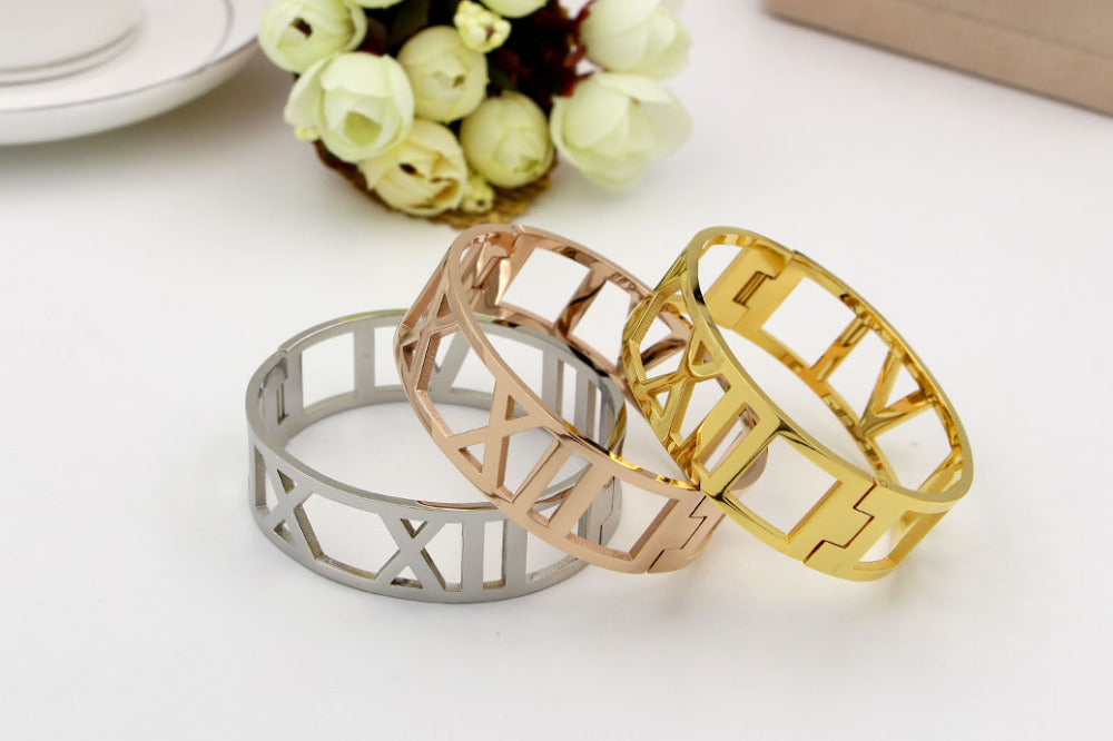 exaggeration Hollow Roman Numeral Bracelets & Bangles Titanium Steel Bangle Fine Jewelry For Women Vacuum Plating Bangle Top Qua