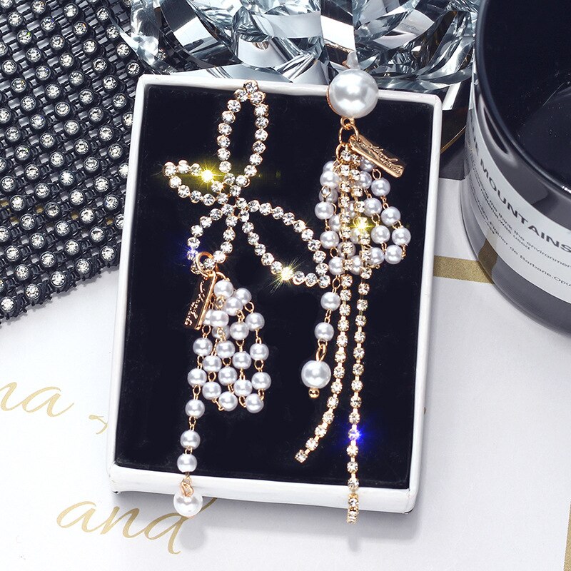 exaggeration set dangle butterfly earrings female Korean temperament asymmetrical pearl set long tassel earrings for women