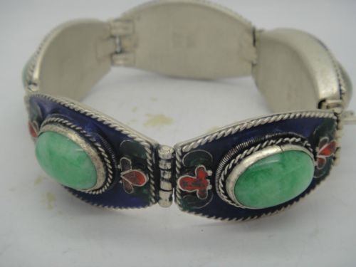 fREE shipping CHINESE VINTAGE HANDWORK TIBETAN TIBET-SILVER INL GREEN JADECLOISONNE BRACELET