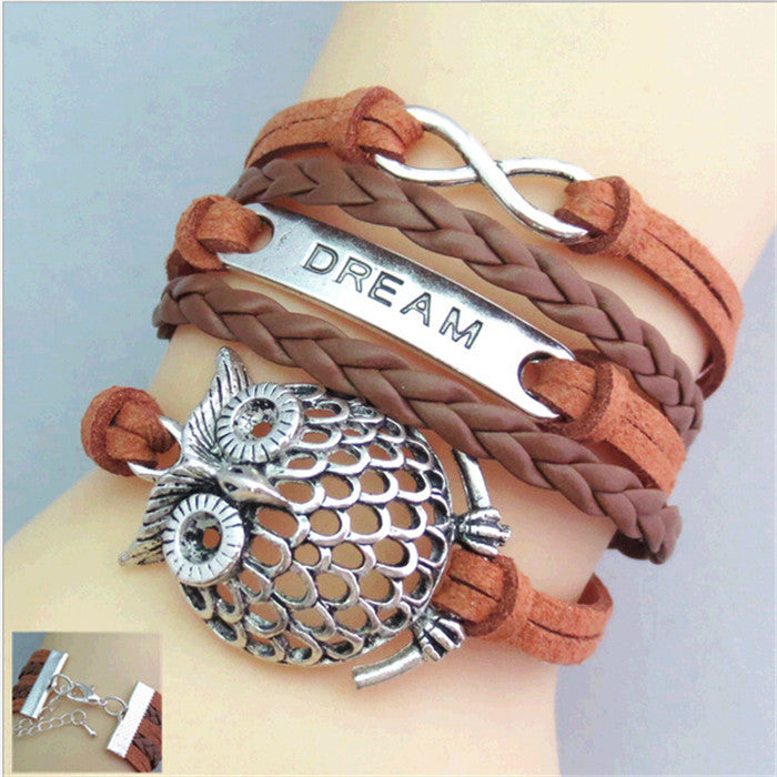 factory price  s Vintage Owl Braided Bracelets Stylish Charm Bracelet & Bangle 10 designs