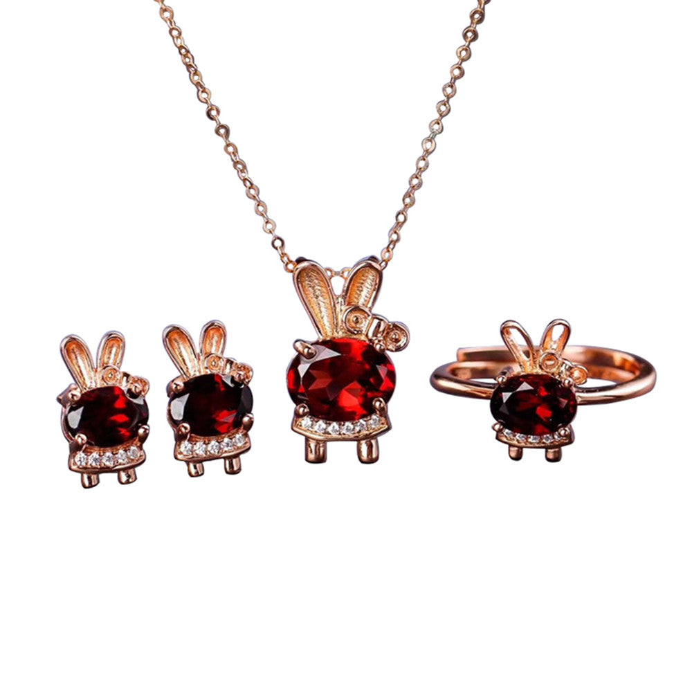 factory     cute romantic rose gold white gold color 925 sterling silver natural red garnet gemstone jewelry set