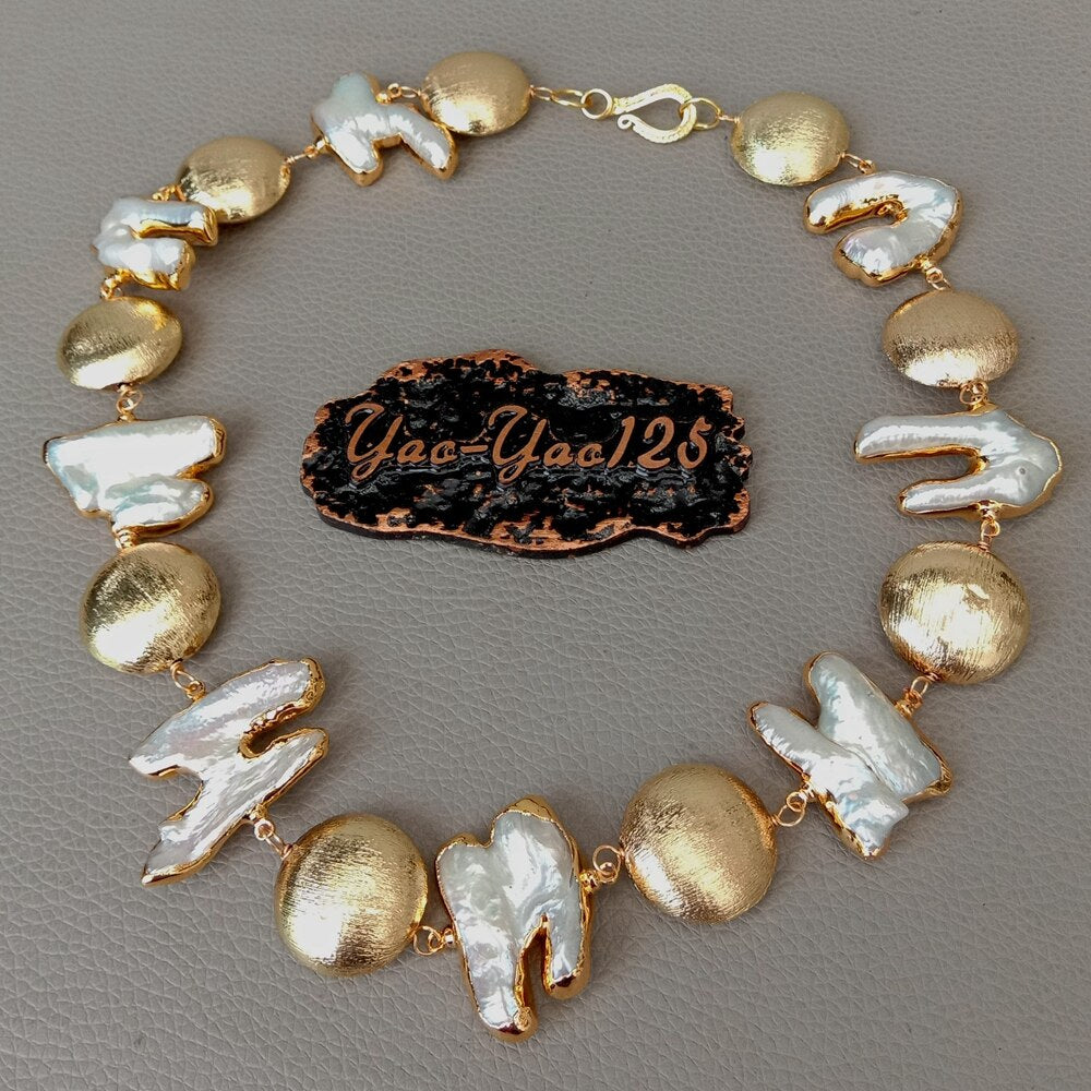 18" Freshwater Keshi Pearl Gold color Plated coin beads chokers Necklace