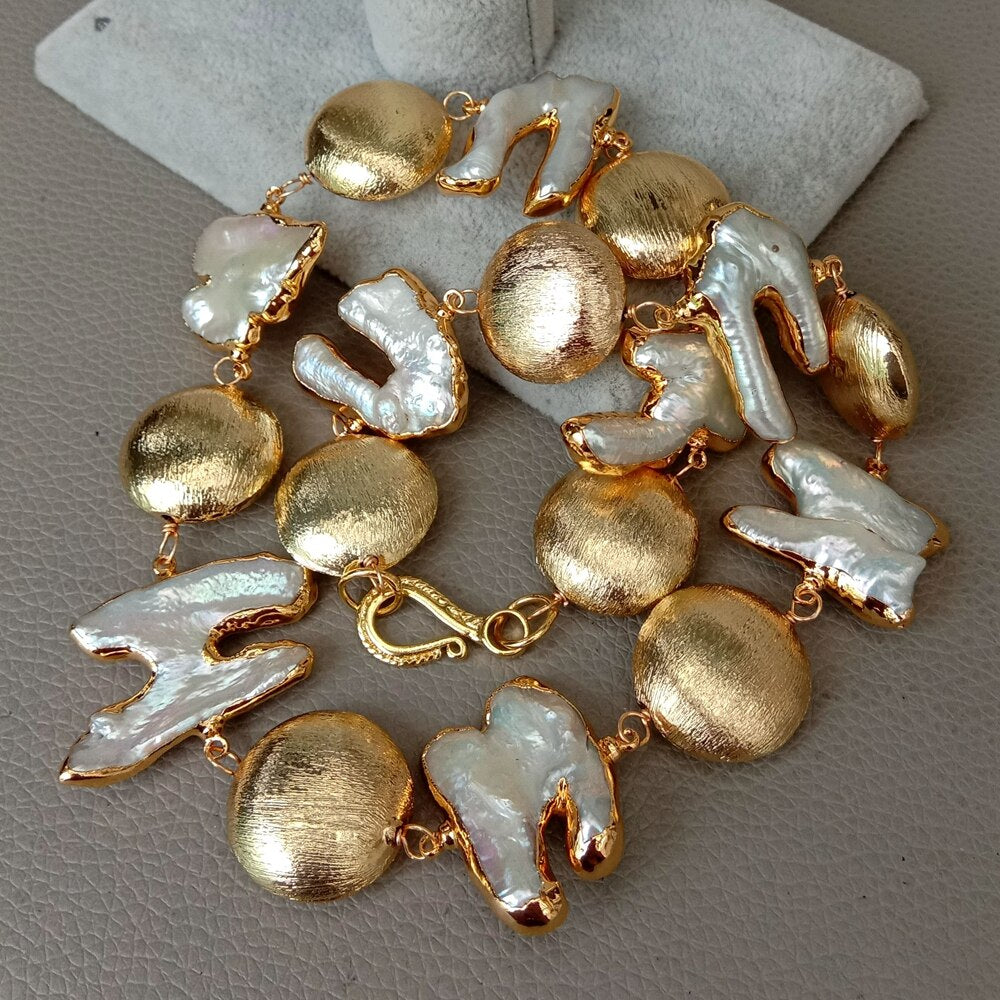 18" Freshwater Keshi Pearl Gold color Plated coin beads chokers Necklace