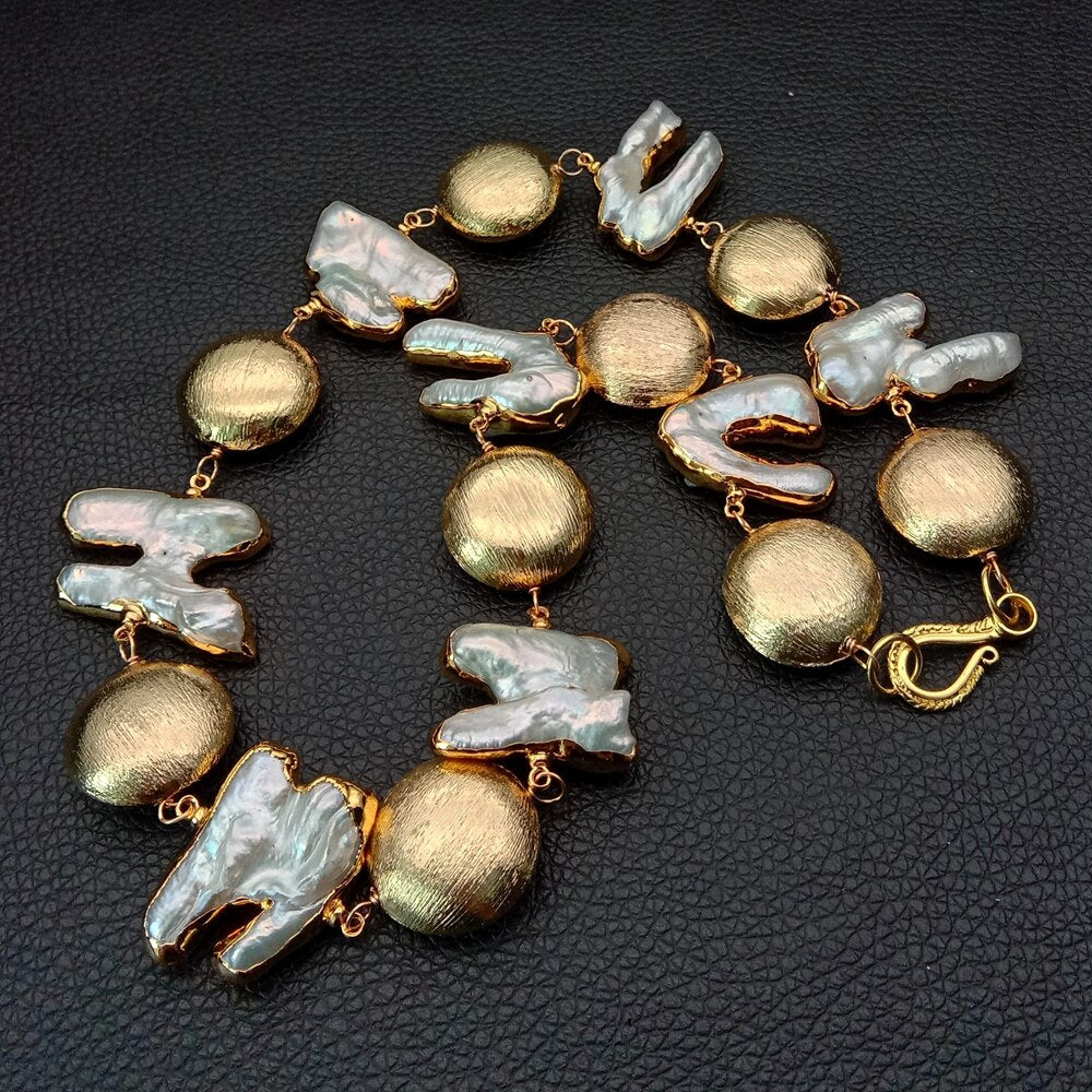 18" Freshwater Keshi Pearl Gold color Plated coin beads chokers Necklace