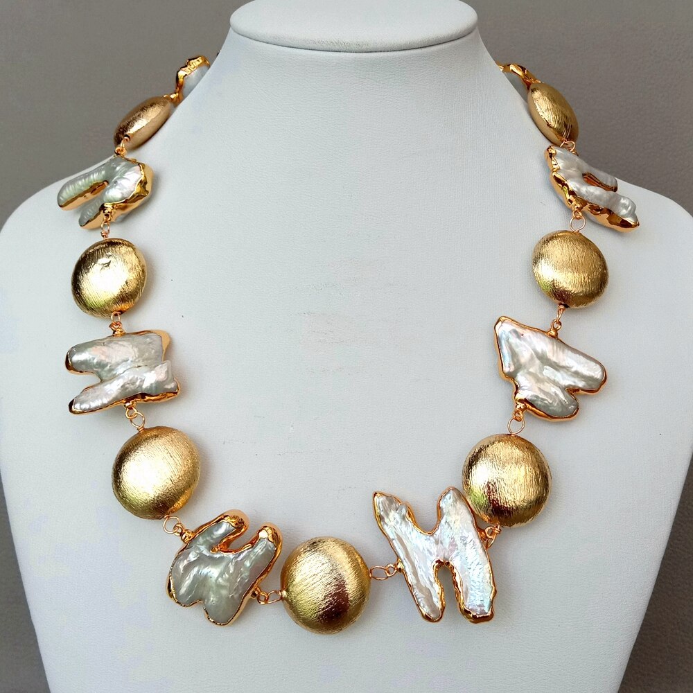 18" Freshwater Keshi Pearl Gold color Plated coin beads chokers Necklace