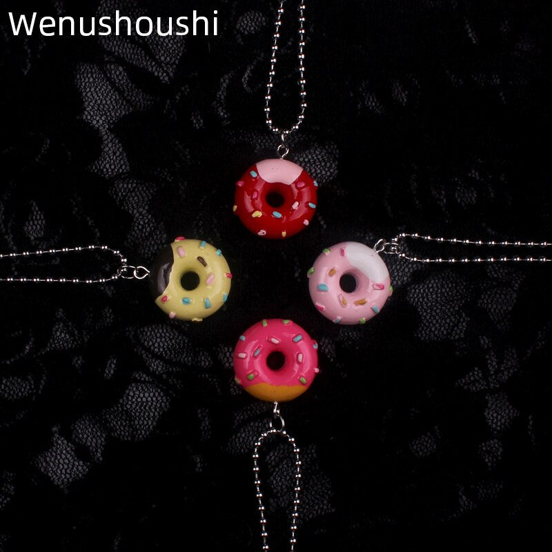 candy color stainless steel beads chain Donut pendant necklaces for women cute trendy sweet foods bijoux femme gifts