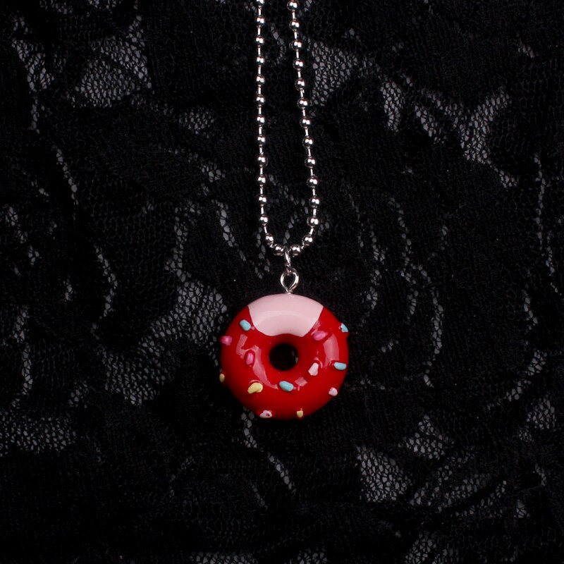 candy color stainless steel beads chain Donut pendant necklaces for women cute trendy sweet foods bijoux femme gifts
