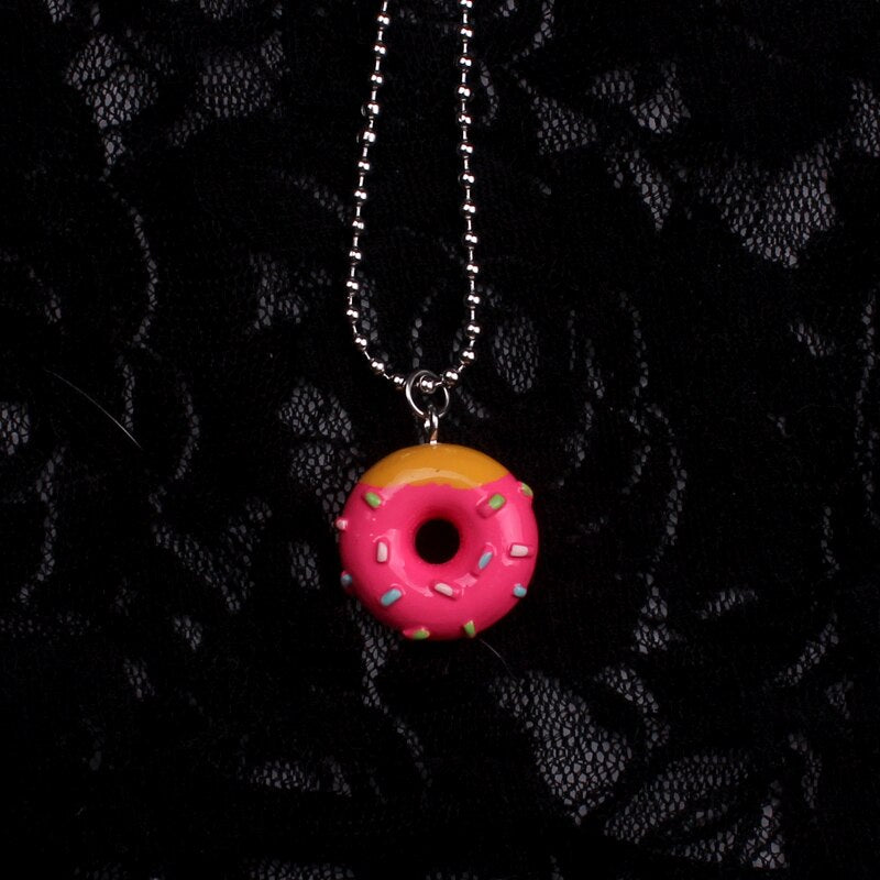 candy color stainless steel beads chain Donut pendant necklaces for women cute trendy sweet foods bijoux femme gifts