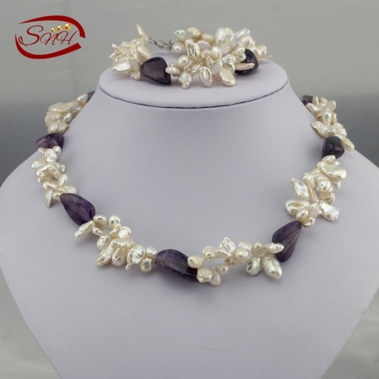 fashion pearl exaggerated keshi shape white pearl purple crystal fashion   necklace and bracelet set
