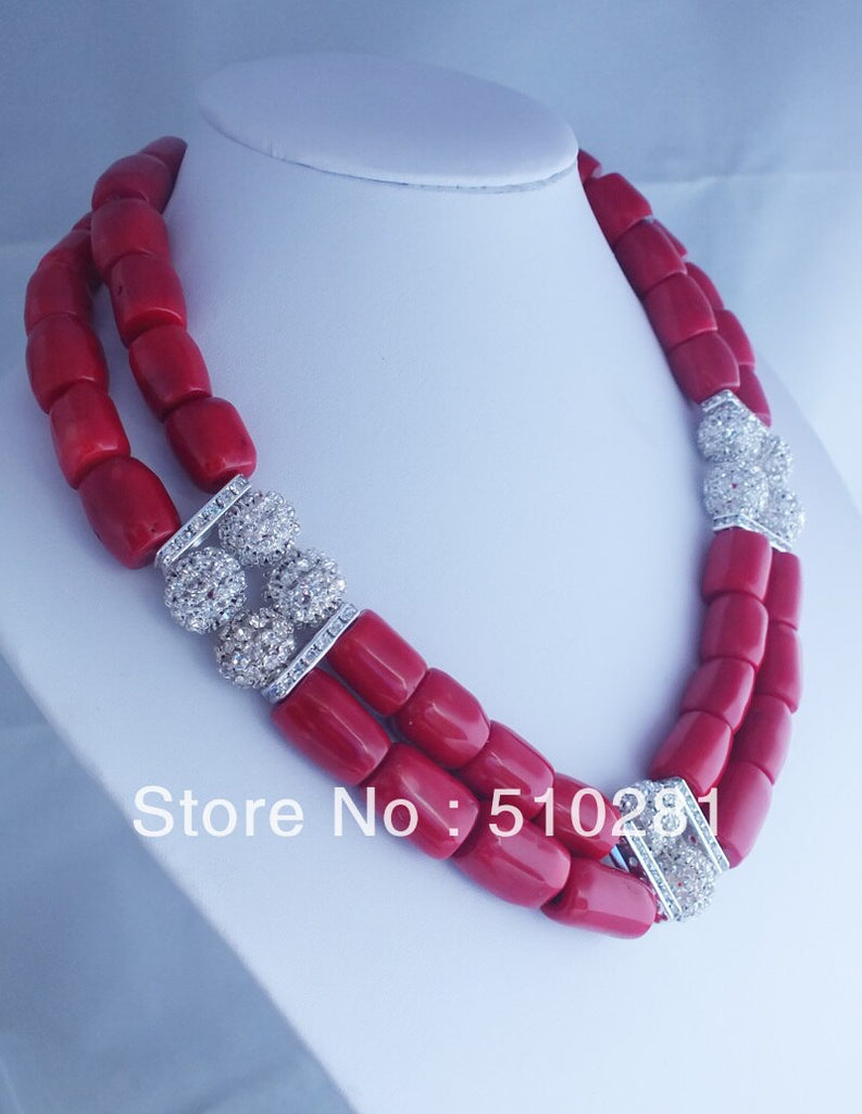 red coral double strands jewelry necklace 21"