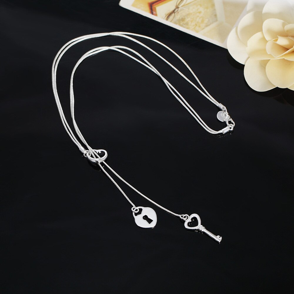 fine 925 Stamped Silver color romantic Heart lock key Necklace For Women  Wedding party Jewelry Christmas gifts
