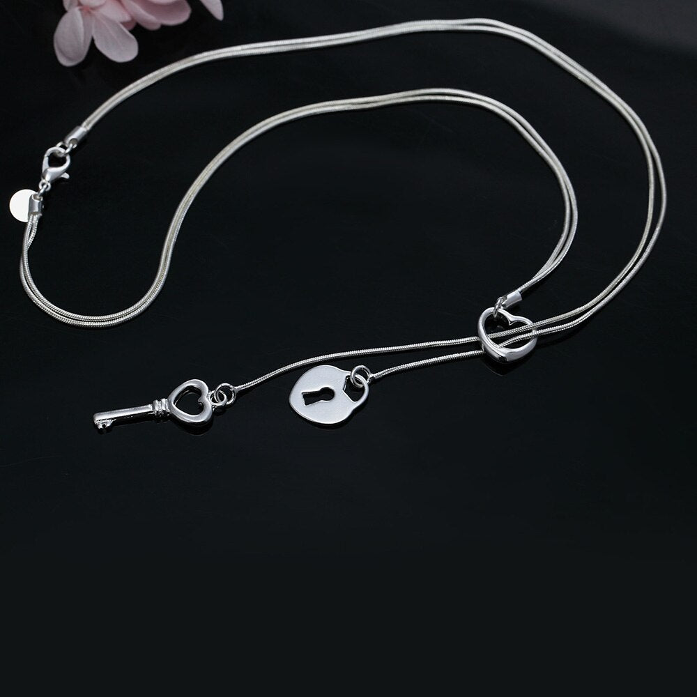 fine 925 Stamped Silver color romantic Heart lock key Necklace For Women  Wedding party Jewelry Christmas gifts