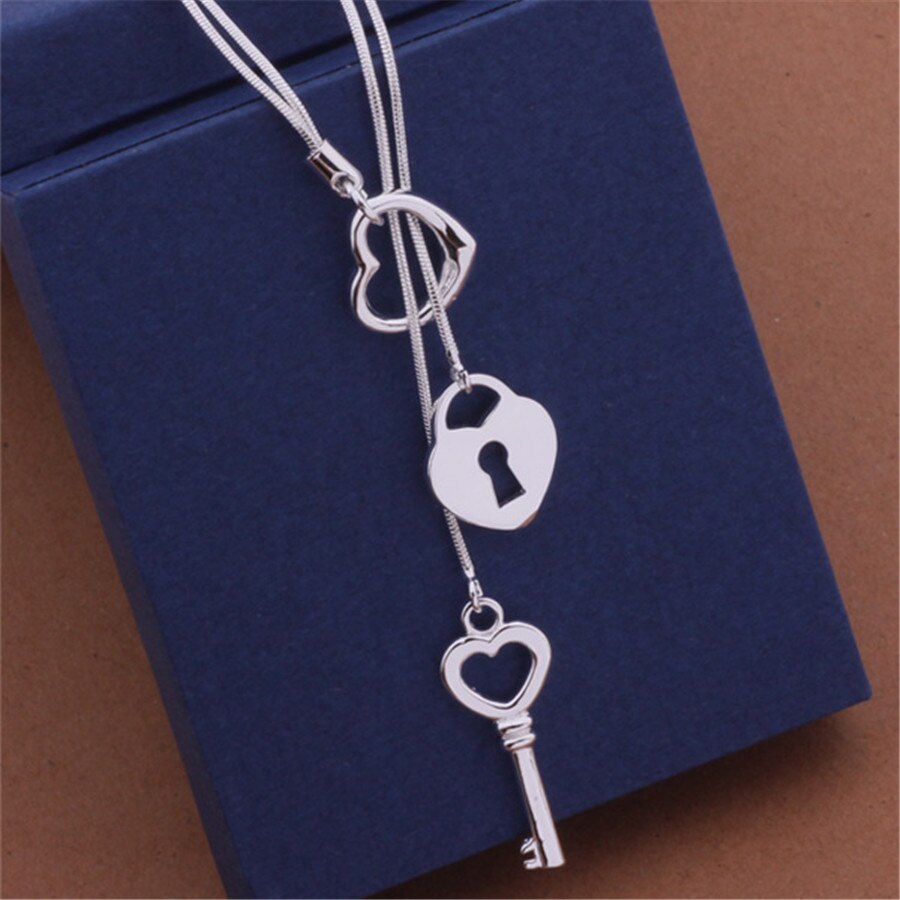 fine 925 Stamped Silver color romantic Heart lock key Necklace For Women  Wedding party Jewelry Christmas gifts