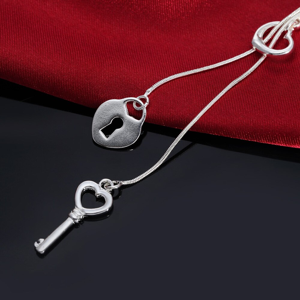 fine 925 Stamped Silver color romantic Heart lock key Necklace For Women  Wedding party Jewelry Christmas gifts