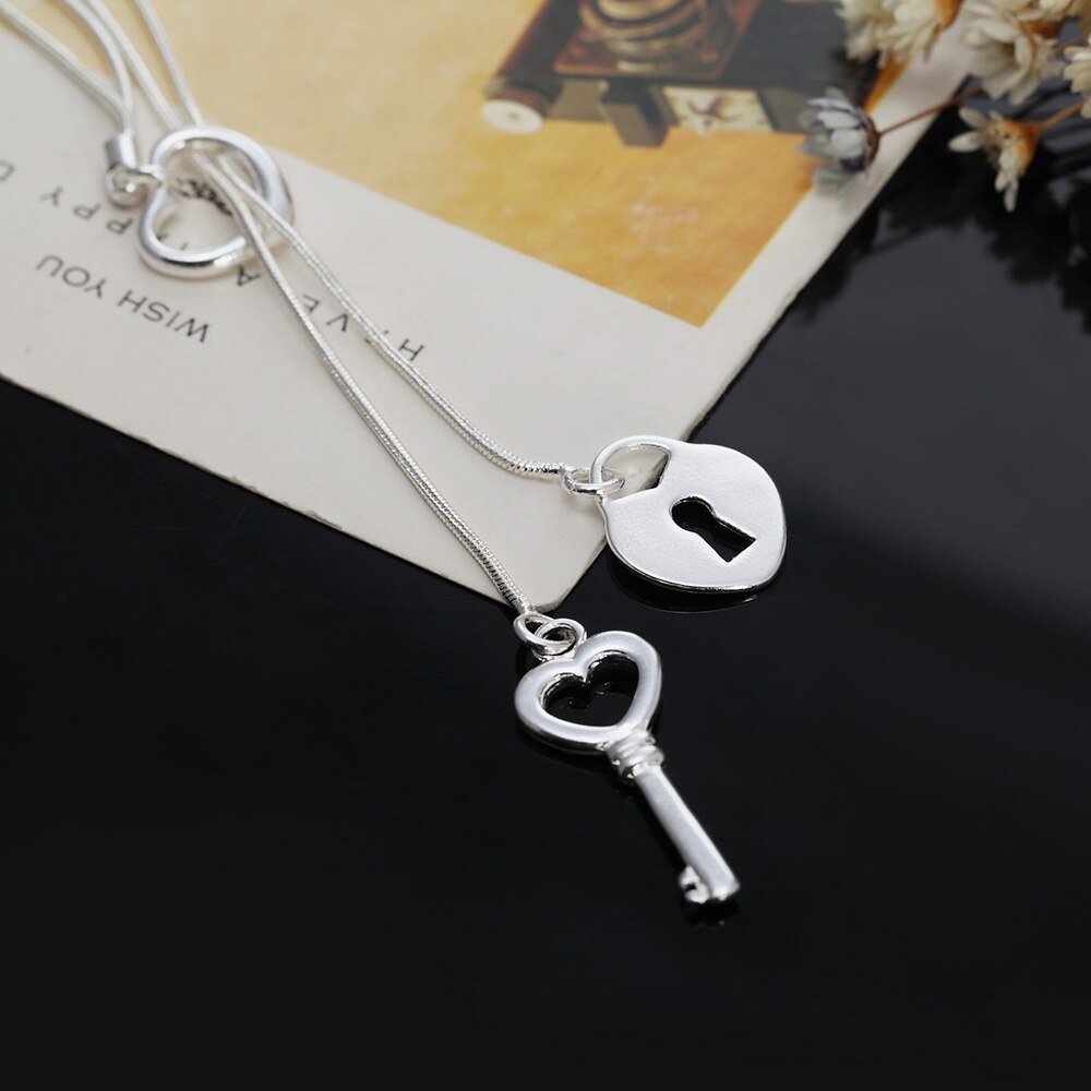 fine 925 Stamped Silver color romantic Heart lock key Necklace For Women  Wedding party Jewelry Christmas gifts