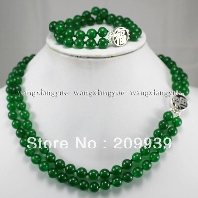 fine jewelry 8mm Green Jade Jewelry 2Rows Necklace Bracelet Set Silver Clasp