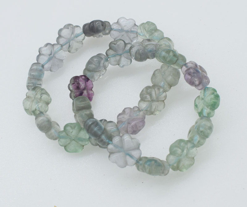 fluorite carved flower 14mm green multicolor bracelet 7.5inch   beads FPPJ