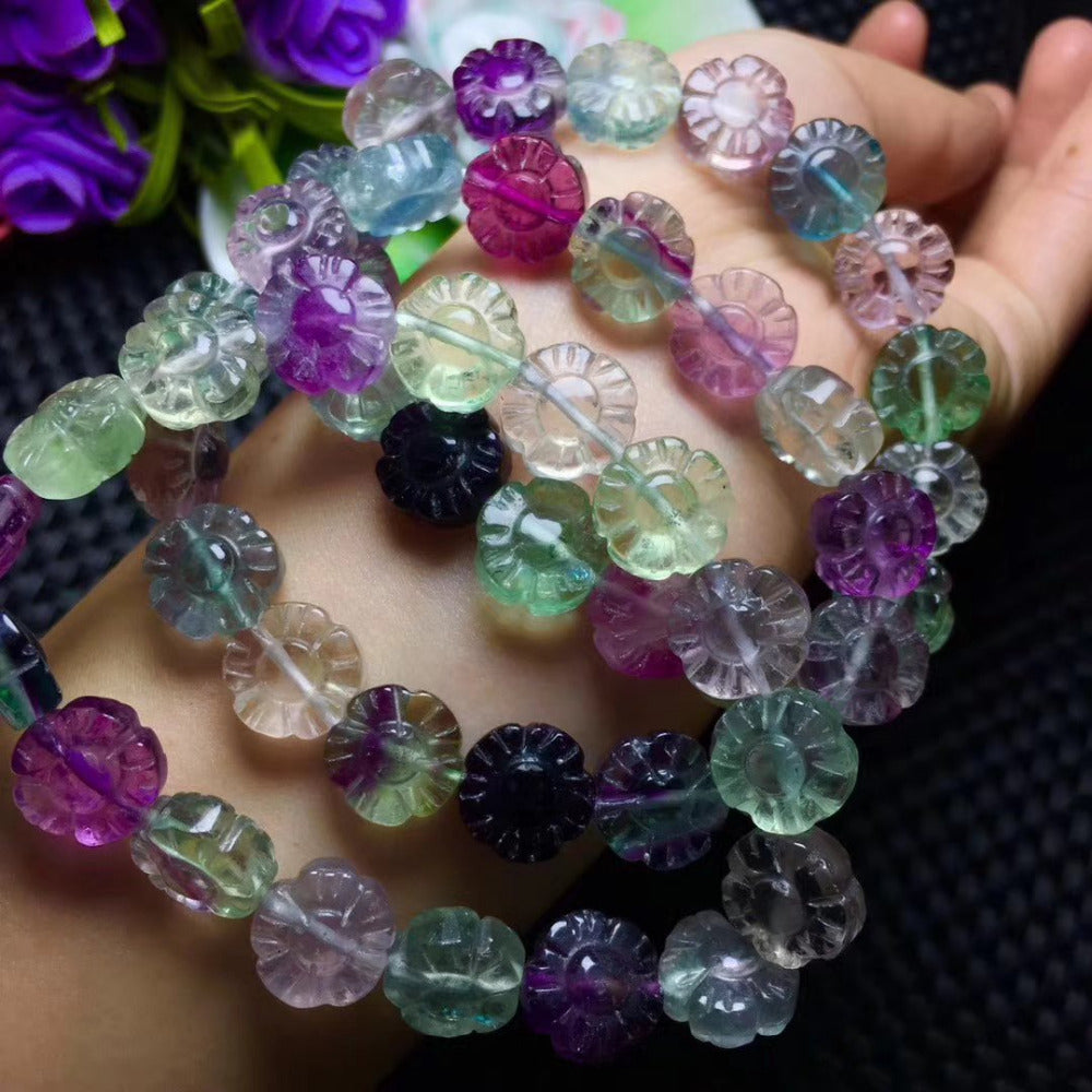fluorite round carved flower 12mm multicolor bracelet 7.5inch   beads FPPJ