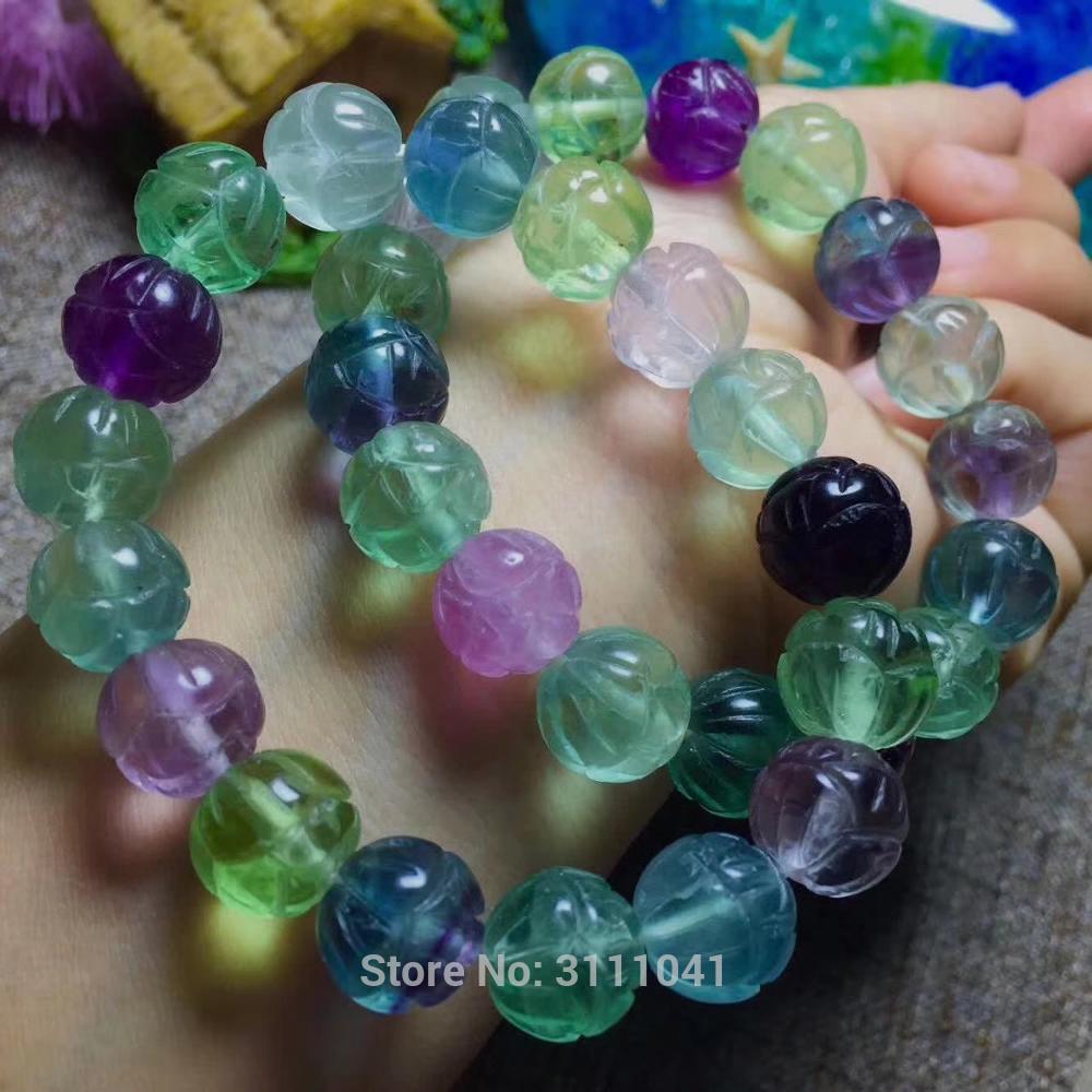 fluorite round carved flower faceted 10-12mm multicolor bracelet 7.5inch   beads FPPJ