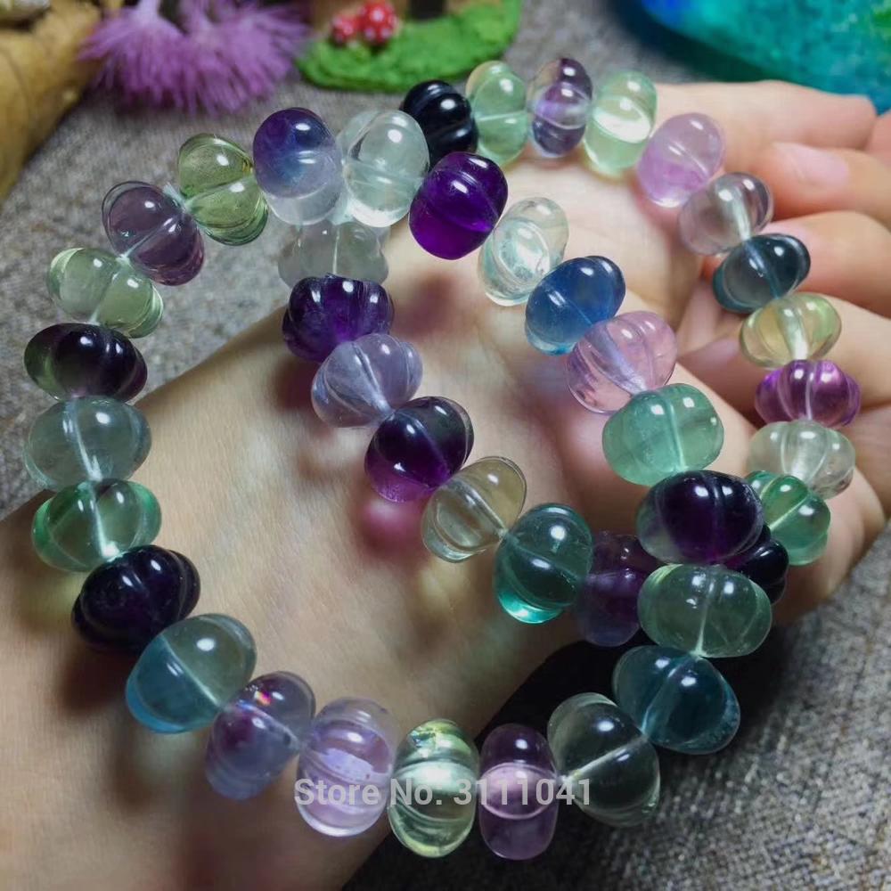 fluorite round carved pumpkin 12mm 14mm multicolor bracelet 7.5inch   beads FPPJ