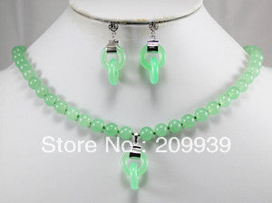 free s beautiful natural light green jade necklace pendant earrings set AAA